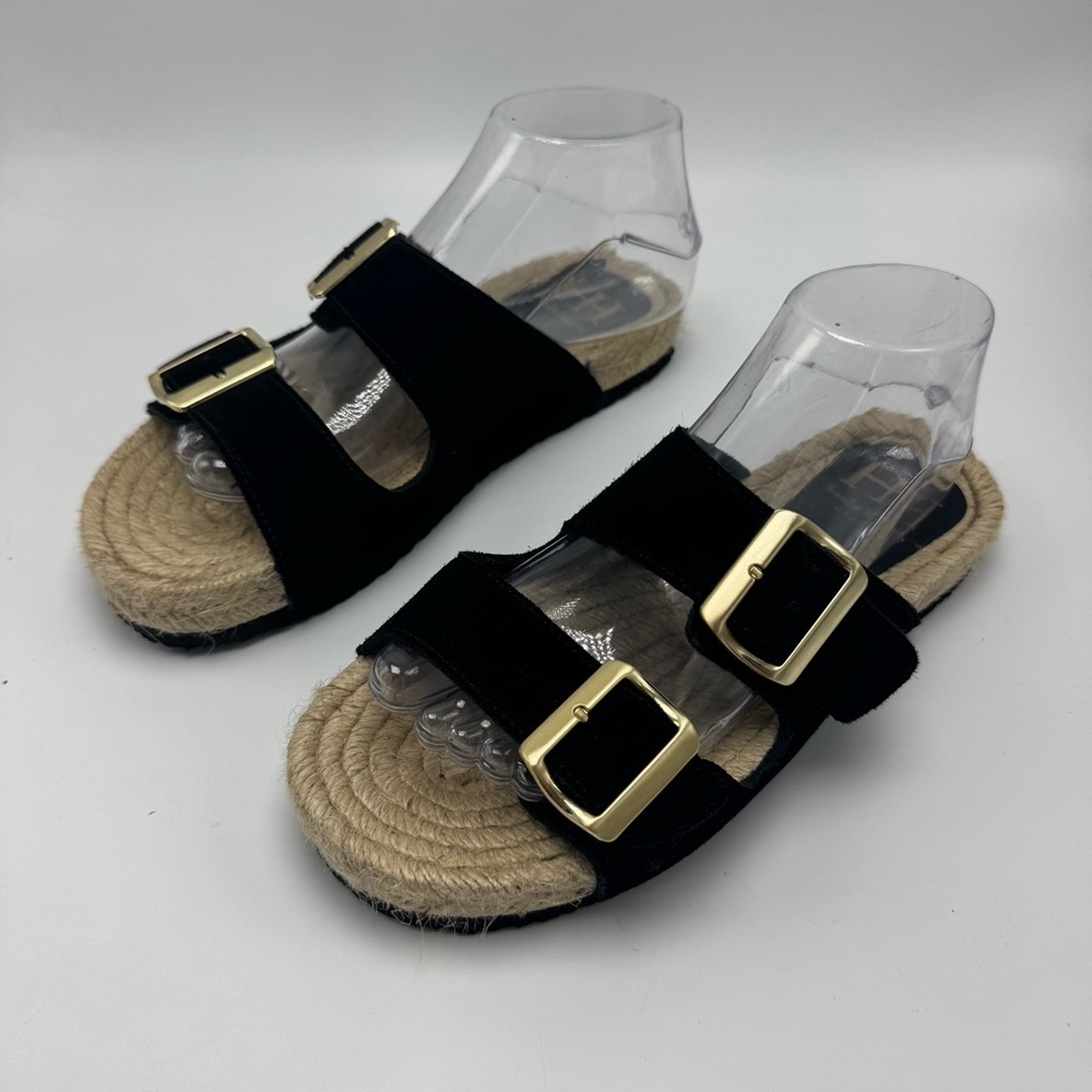 Haute Hippie Nikki Slides Size 8 Black Leather Double Strap Gold Buckle Sandals